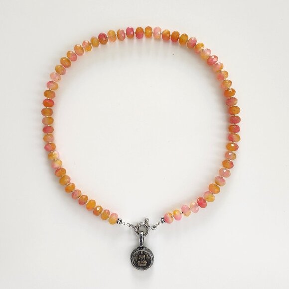 PINK ORANGE JADE W/ 925 SILVER BUDDHA--16" - Picture 2 of 3